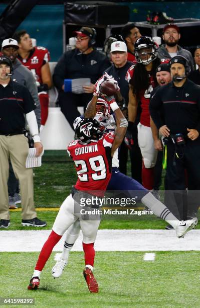 Goodwin of the Atlanta Falcons breaks up a pass to Malcolm Mitchell of the New England Patriots during Super Bowl 51 at NRG Stadium on February 5,...