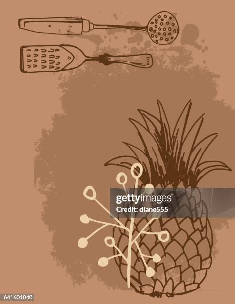cute sketchy retro kitchen elements on a textured background - pineapple pattern stock illustrations