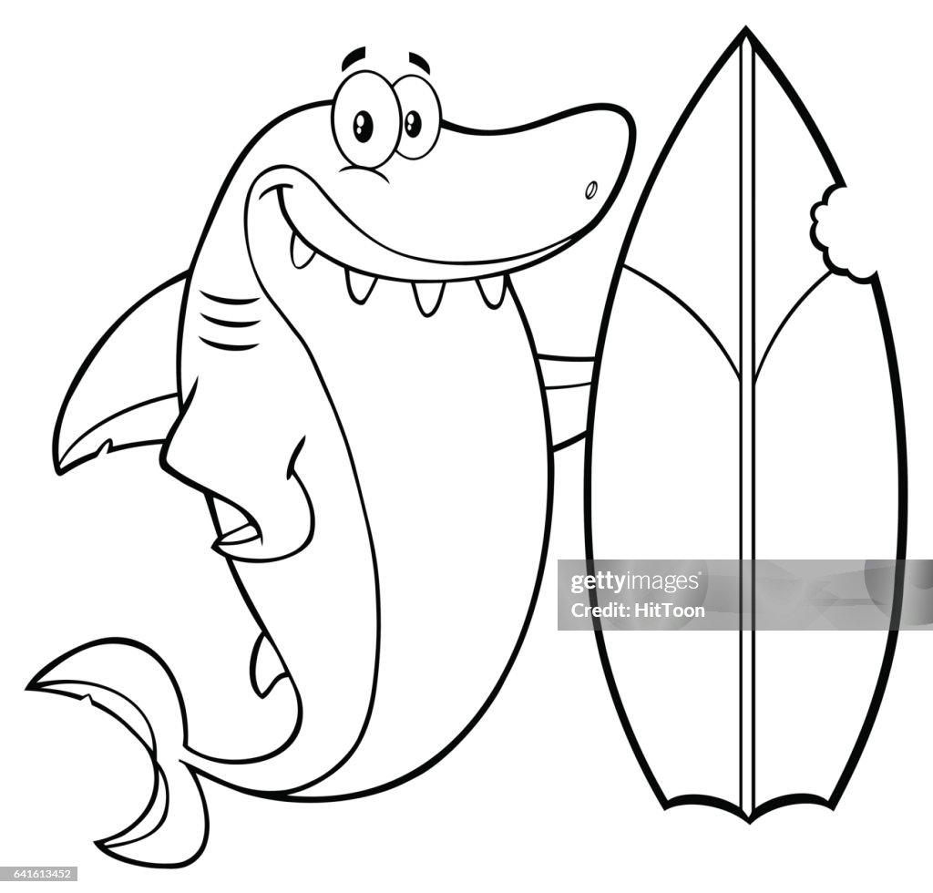 Blanco Y Negro Sonriente Personaje De Mascota De Dibujos Animados De  Tiburones Con Tabla De Surf Ilustración de stock - Getty Images