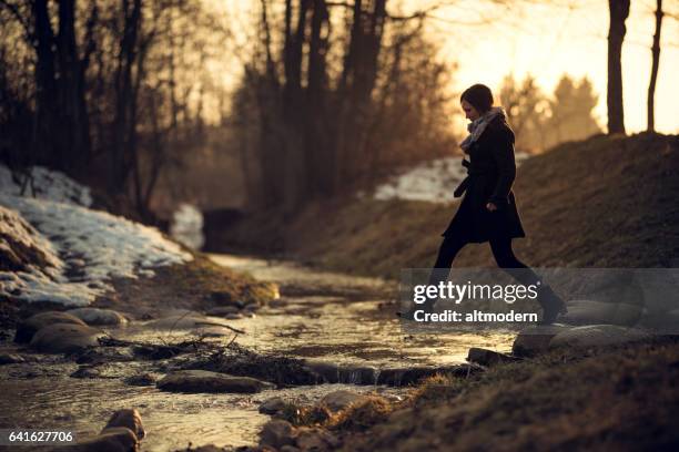 young woman at a stream - rock cross section stock pictures, royalty-free photos & images