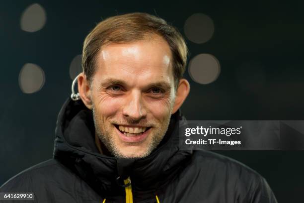 Head couch Thomas Tuchel of Borussia Dortmund looks on , lacht, lachen during the DFB Cup Round Of 16 match between Borussia Dortmund and Hertha BSC...