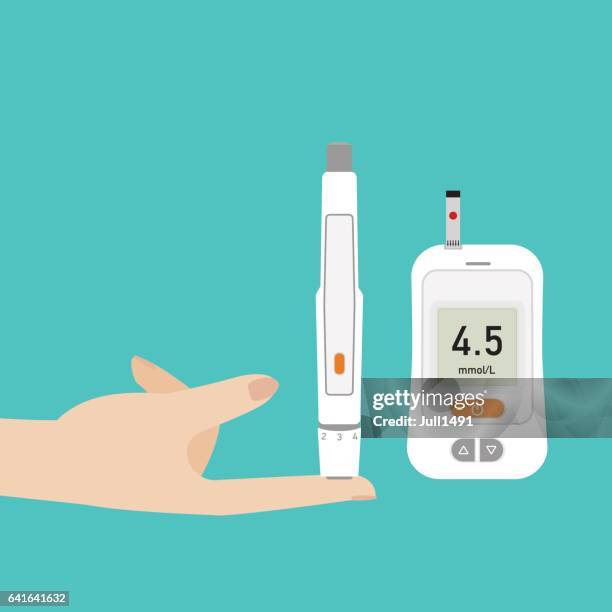 puncture the finger using an automatic lancet to check blood sugar on glucose meter - taking insulin stock illustrations