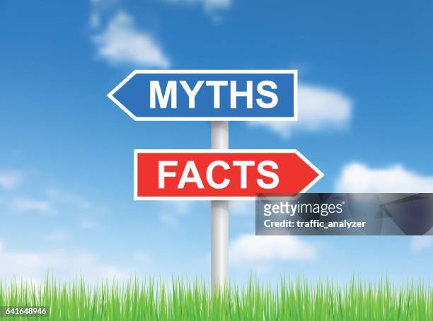 signs "myths" and "facts" over sky - mythology stock illustrations