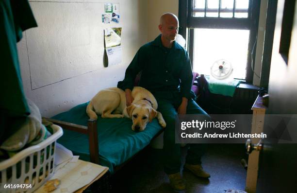 Prisoner at the mid-Orange Correctional facility in Warwick, New York sits in his cell with a dog he is training on May 6, 2010. An organization...