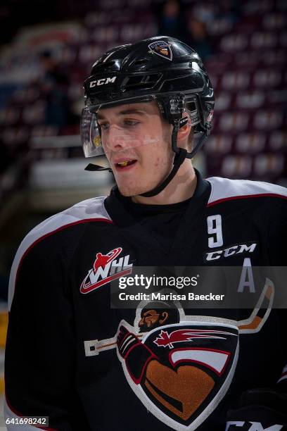 Ty Ronning of the Vancouver Giants stands on the ice against the Kelowna Rockets on February 10, 2017 at Prospera Place in Kelowna, British Columbia,...