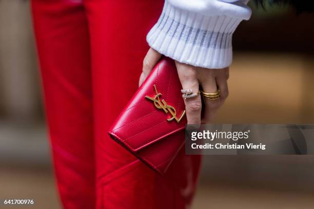 Lisa Hahnbueck wearing Off White Rose Embroidered and Printed Cropped Sweatshirt, Louis Vuitton Red Patent Leather Pants RTW AW16, MONOGRAM SAINT...