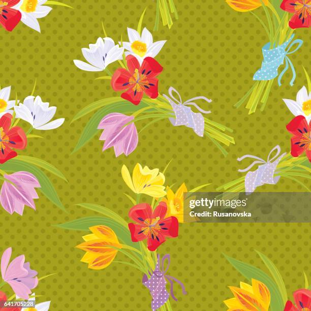 bouquet of tulips and daffodils pattern - daffodil stock illustrations