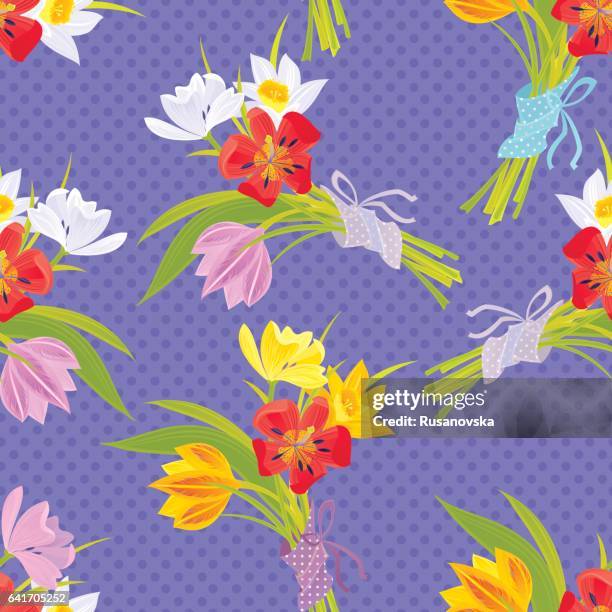 bouquet of tulips and daffodils pattern - daffodil stock illustrations