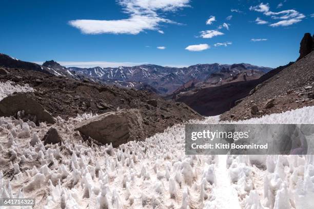 penintentes, ice formation on the way up to the top of mt.aconcgua - the andes stock-fotos und bilder