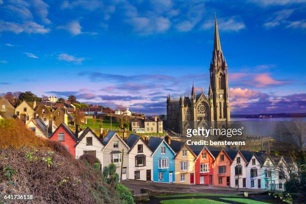 houses and catherdral in cobh, ireland - ireland stock pictures, royalty-free photos & images