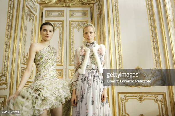 Model Irina Djuranovic and Marjan Jonkman pose Backstage prior the Giambattista Valli Spring Summer 2017 show as part of Paris Fashion Week on...