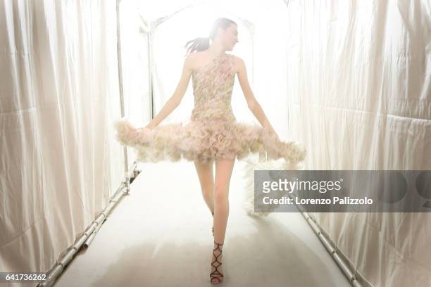 Model Irina Djuranovic poses Backstage prior the Giambattista Valli Spring Summer 2017 show as part of Paris Fashion Week on January 23, 2017 in...