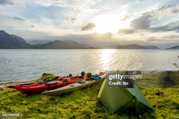 camping and kayaking in a fjord in norway during summer - kayaking beach stock pictures, royalty-free photos & images