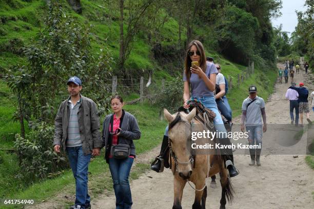 Woman checks her smartphone during a horse ride in Cocora valley on January 5, 2017 in Salento, Colombia. Salento is an Andean town in Colombia, west...