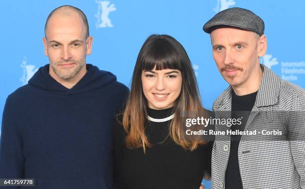 Johnny Lee Miller, Anjela Nedyalkova and Ewen Bremner attend the 'T2 Trainspotting' photo call during the 67th Berlinale International Film Festival...