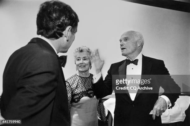 Sen. John Herschel Glenn, D-Ohio, Senate Committee on Governmental Affairs Chairman and his wife Annie Glenn talking with Robert L. Lieff, lawyer, at...