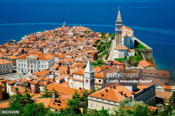 piran townscape, high angle view - piran slovenia stock pictures, royalty-free photos & images