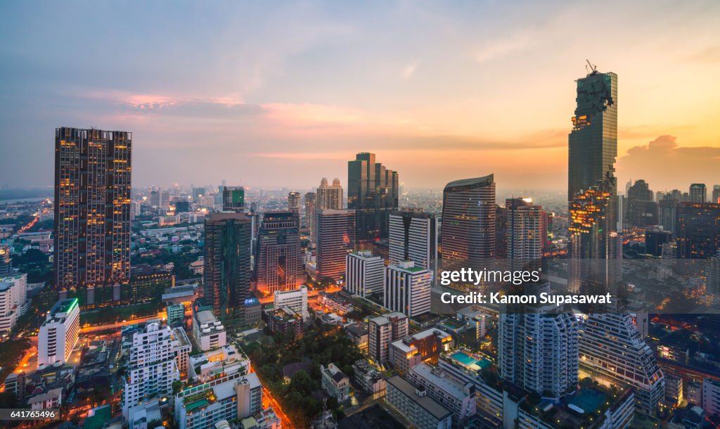 Bangkok cityscape with golden light time scene with the tallest building in Thailand