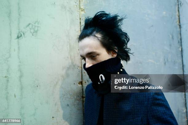 Model Reuben Ramacher poses Backstage prior the Sacai Menswear Fall/Winter 2017-2018 show as part of Paris Fashion Week on January 21, 2017 in Paris,...