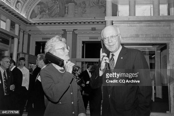 Marcelle Pomerleau and her husband, Sen. Patrick Leahy, D-Vt., listen to audio on the "Treasures exhibit." April 30, 1997