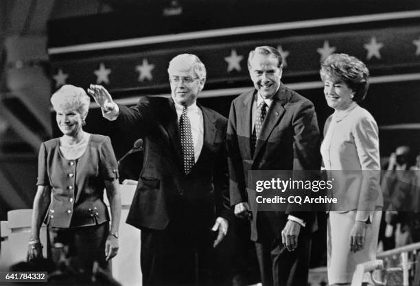 Vice President and President running mates Rep. Jack French Kemp, R-Calif., and Sen. Robert Joseph "Bob" Dole, R-Kans., Senate Majority Leader, stand...