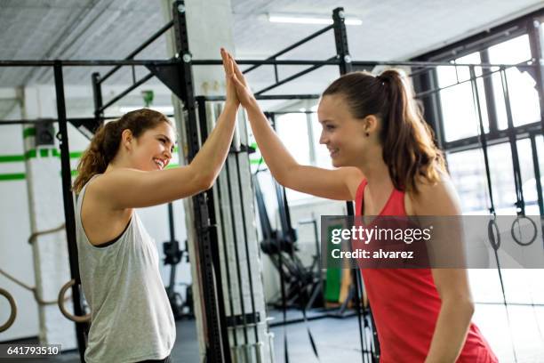 due giovani donne che danno cinque in palestra - hi five gym foto e immagini stock