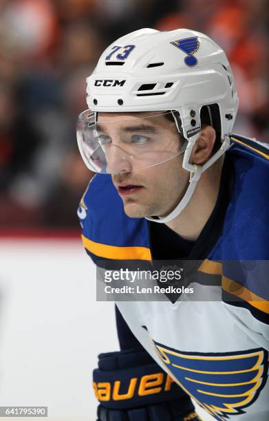 Kenny Agostino of the St Louis Blues looks on against the Philadelphia Flyers on February 6, 2017 at the Wells Fargo Center in Philadelphia,...