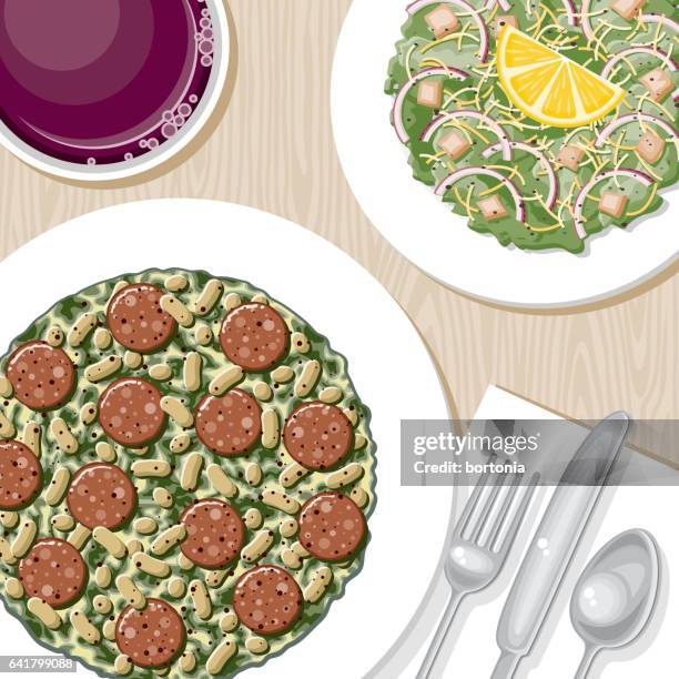 overhead view of a dinner table - caesar salad stock illustrations