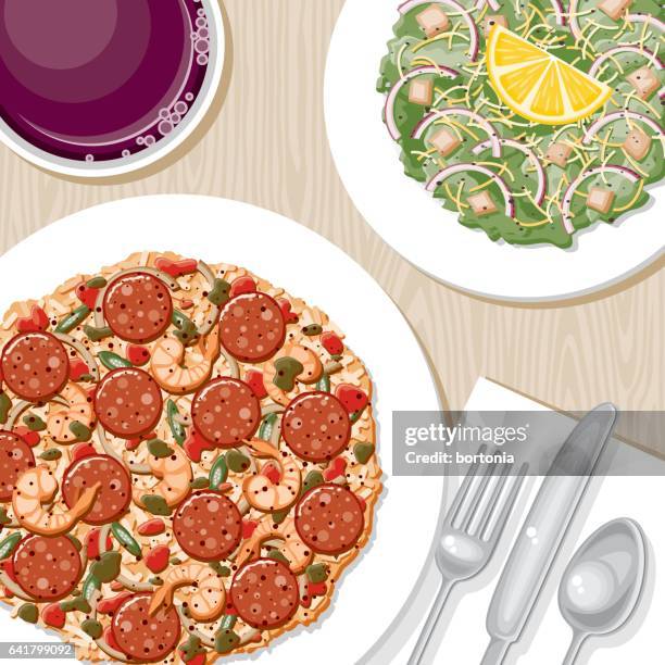 overhead view of a dinner table - caesar salad stock illustrations