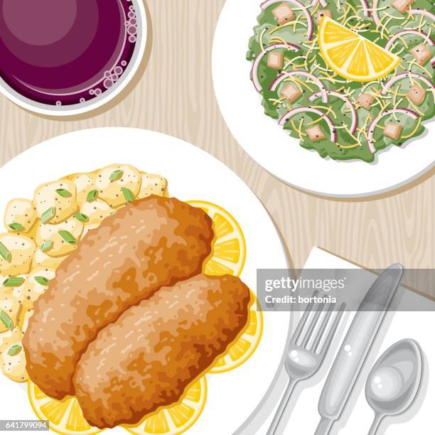overhead view of a dinner table - caesar salad stock illustrations