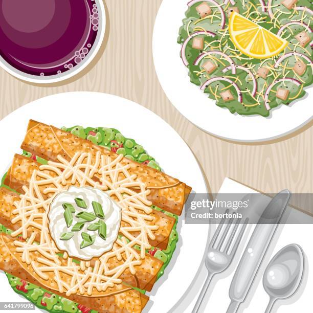 overhead view of a dinner table - caesar salad stock illustrations