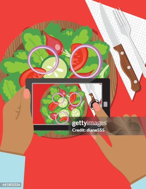 overhead angle of a person using a smart phone to take food photos - foodie stock illustrations
