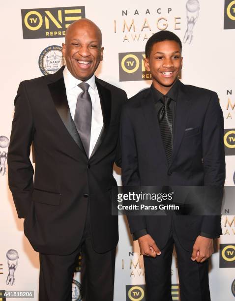 Donnie McClurkin and son Matthew McClurkin attend 48th NAACP Image Dinner at Pasadena Convention Center on February 10, 2017 in Pasadena, California.