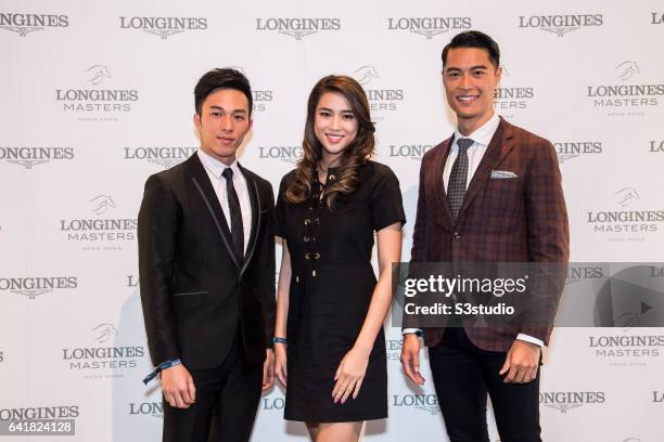 Freeyon Chung, Mr Hong Kong 2016 second runner-up, Tiffany Lau, Miss Hong Kong 2016 first runner-up, and Jackson Lai, Mr Hong Kong 2016, arrive at...