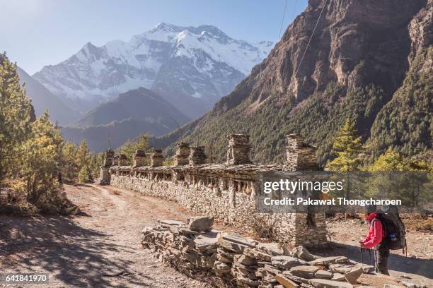 a hiker and annapurna ii, annapurna conservation area, nepal - annapurna stockfoto's en -beelden