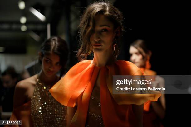 Model Franzi Mueller poses Backstage prior the Giorgio Prive Armani Spring Summer 2017 show as part of Paris Fashion Week on January 24, 2017 in...