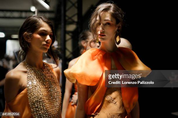 Models Brittany Noon and Franzi Mueller pose Backstage prior the Giorgio Prive Armani Spring Summer 2017 show as part of Paris Fashion Week on...