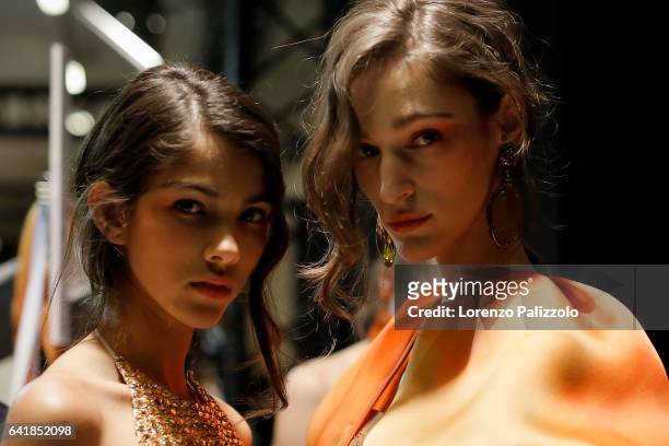 Models Brittany Noon and Franzi Mueller, beauty backstage detail, pose Backstage prior the Giorgio Prive Armani Spring Summer 2017 show as part of...