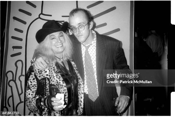 Sylvia Miles and Keith Haring at Absolut Vodka's party for Keith Haring at the Whitney Museum of American Art. Thursday, October 2, 1986.