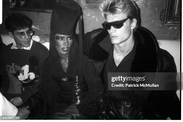 Grace Jones and Dolph Lundgren at Grace Jones' party at the Palladium. December 20, 1985.