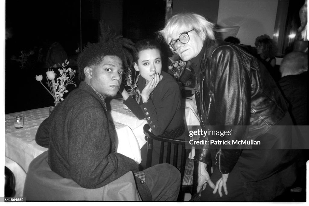 Jean-Michel Basquiat, Tina Chow, and Andy Warhol at Susan Blond's dinner party for Ozzy Osbourne at Mr