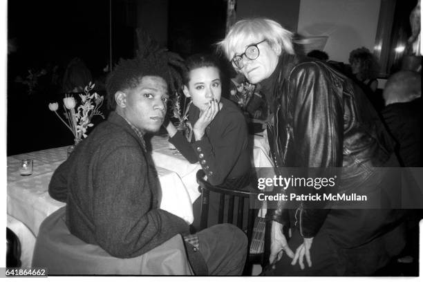 Jean-Michel Basquiat, Tina Chow, and Andy Warhol at Susan Blond's dinner party for Ozzy Osbourne at Mr. Chow's. April 21, 1986.