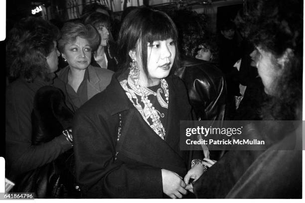 Anna Sui talking with Annie Flanders at the Opening of Le Chateau. Wednesday, March 5, 1986.