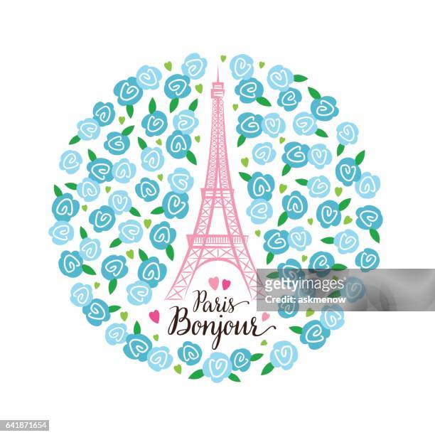 paris in bloom - eiffel tower white background stock illustrations
