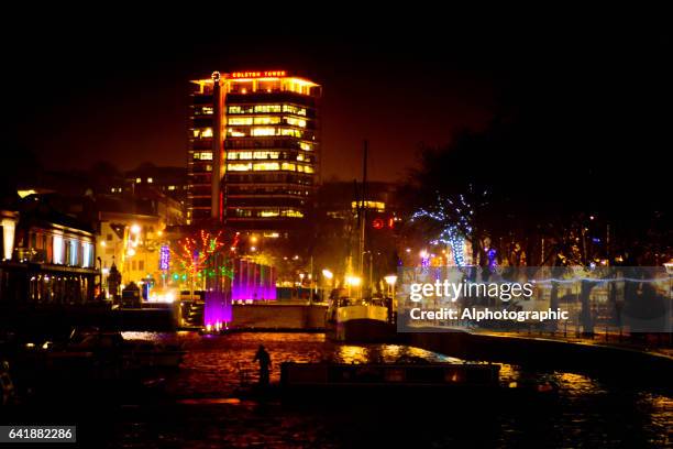 wharf street lighting at night in central bristol. - bar wide angle stock pictures, royalty-free photos & images