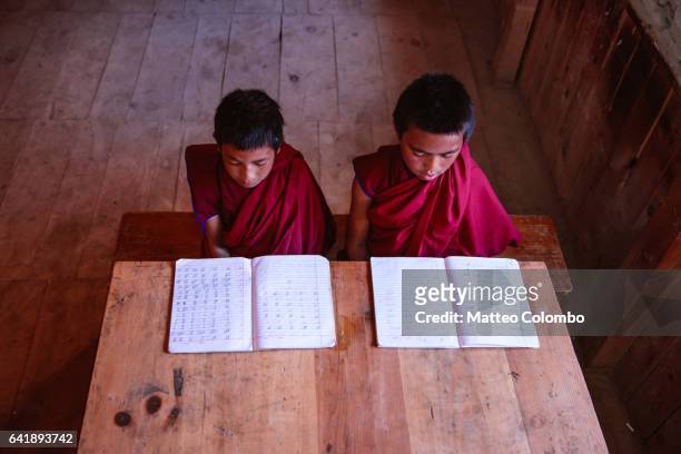 buddhist monks at school, upper mustang, nepal - tibetan culture stock pictures, royalty-free photos & images