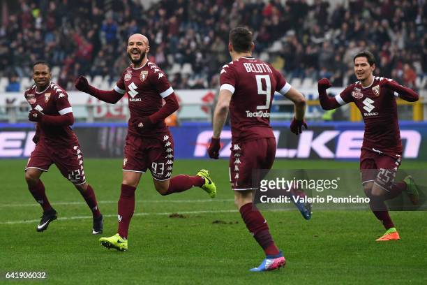 Arlind Ajeti of FC Torino celebrates a goal during the Serie A match between FC Torino and Pescara Calcio at Stadio Olimpico di Torino on February...