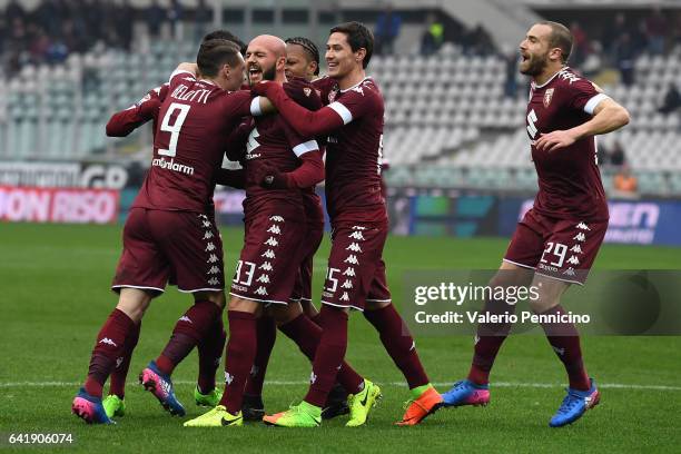 Arlind Ajeti of FC Torino celebrates a goal with team mates during the Serie A match between FC Torino and Pescara Calcio at Stadio Olimpico di...