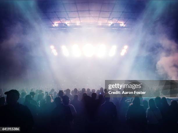 silhouettes of concert crowd - concert stage silhouette stock pictures, royalty-free photos & images