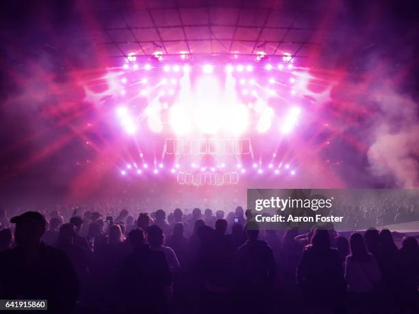 silhouettes of concert crowd - luces escenario fotografías e imágenes de stock